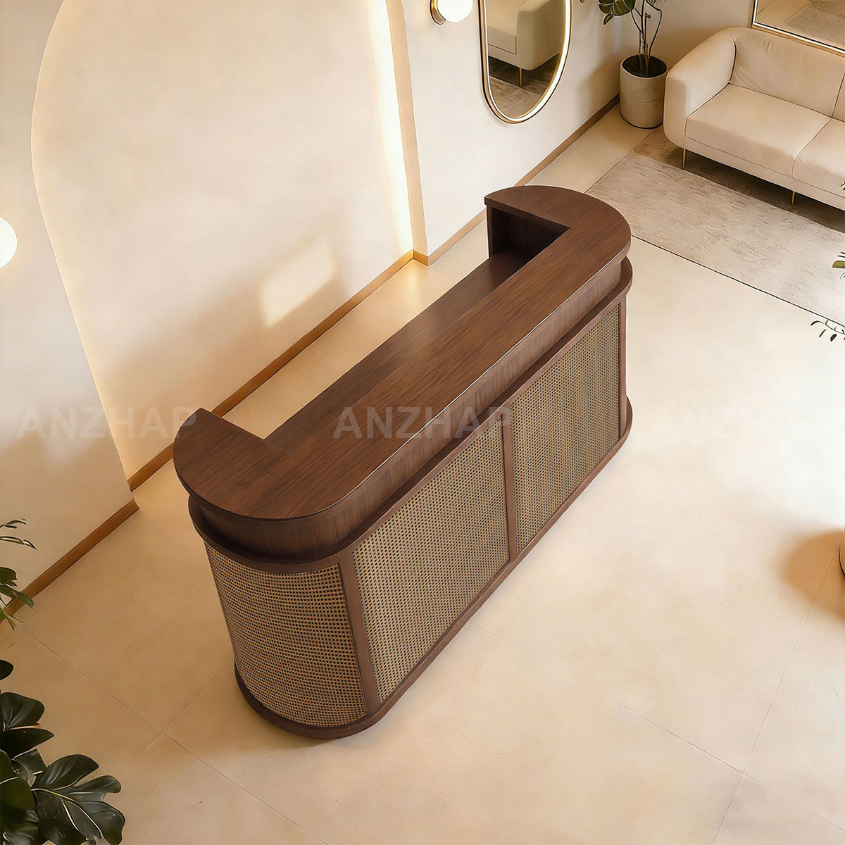 Vintage Curved Reception Desk 47–118 in Wide with File Drawers, Privacy Panel, Transaction Counter & Woven Rattan Detail（Stock Items）