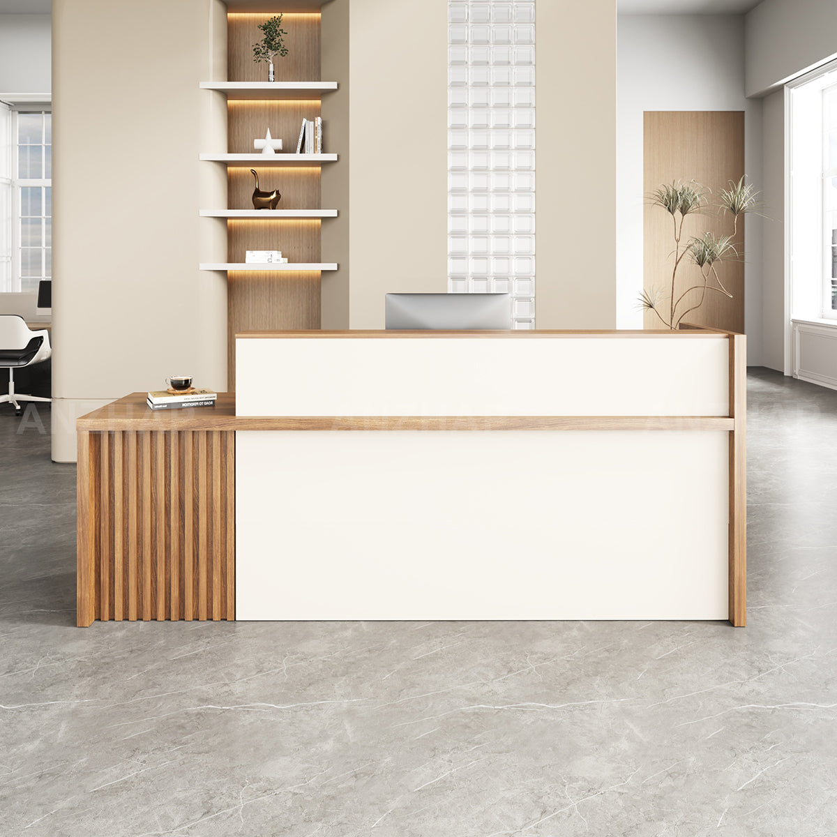 Stylish Reception Desk with Dual-Tier Surface and Secure Storage for Office, Salons and Retail Stores