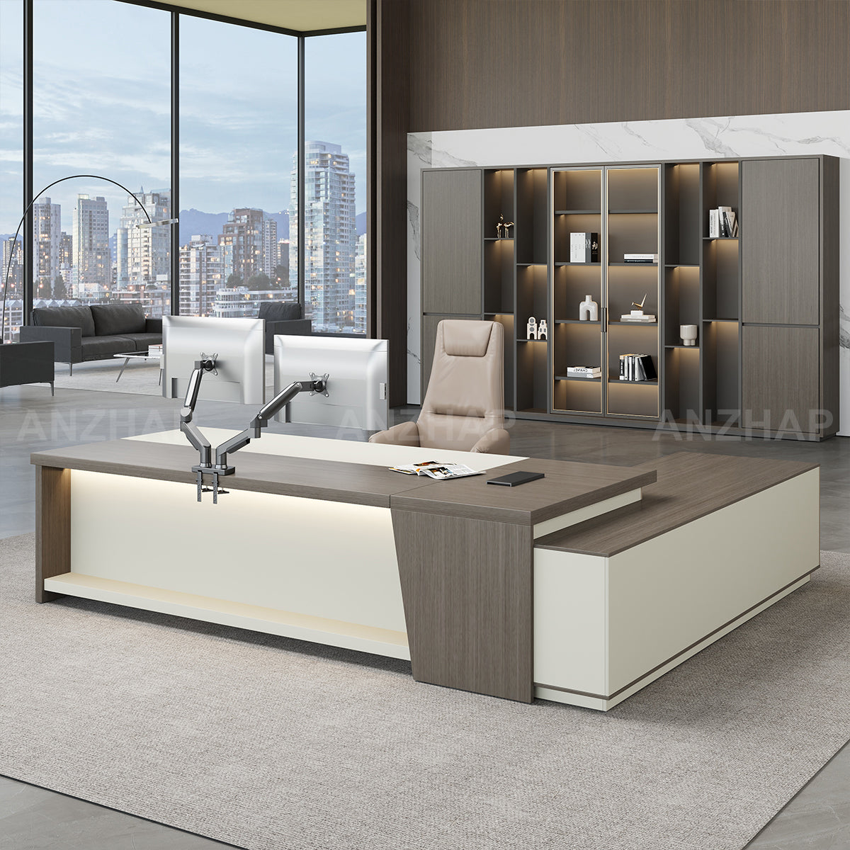 Minimalist Modern L-Shaped Executive Desk with Large Side Credenza and LED Lighting（Stock Items）