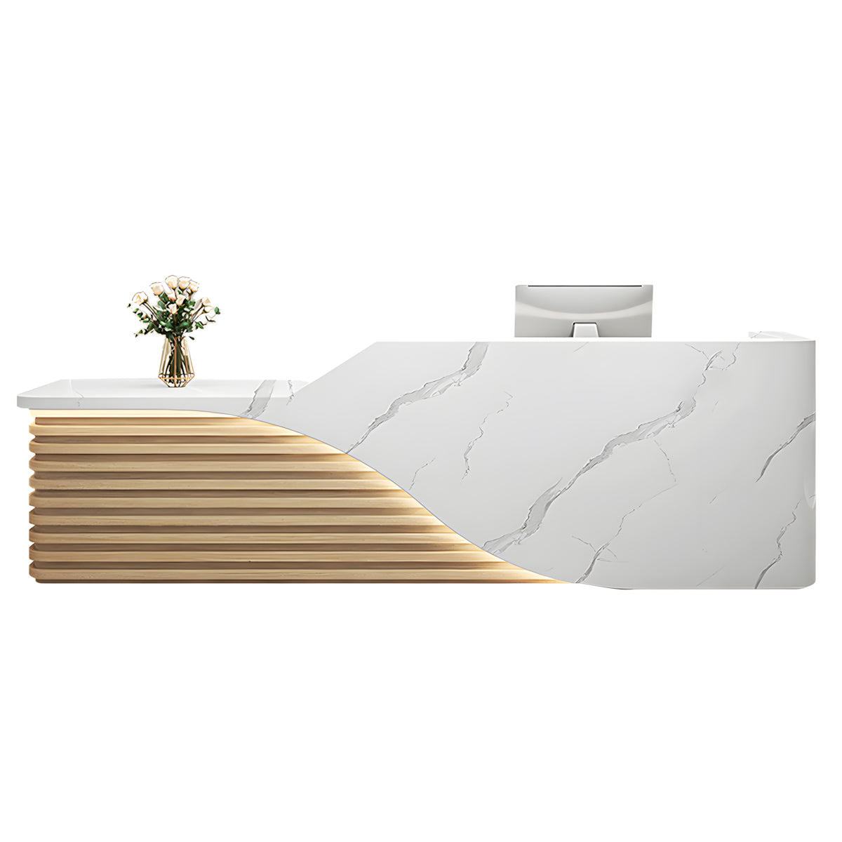 Modern Salon Reception Desk with Wood Grain Lattice Slat