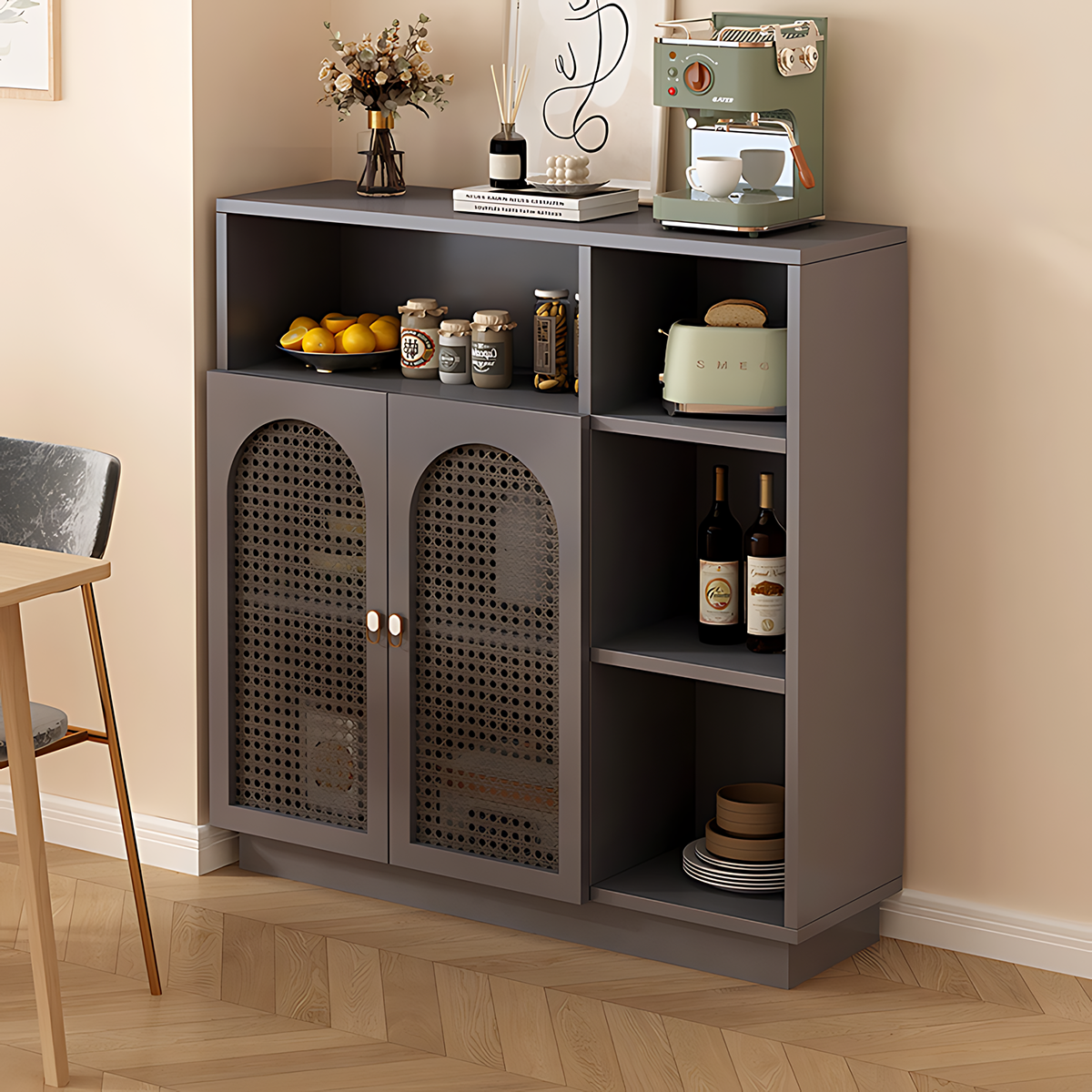Modern Rattan Buffet Sideboard with Adjustable Shelves and Cabinet Storage