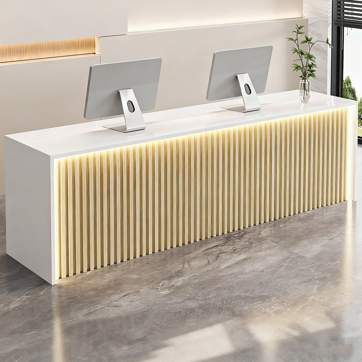 Modern Wood Slat Reception Desk with Lockable Storage and Keyboard Tray