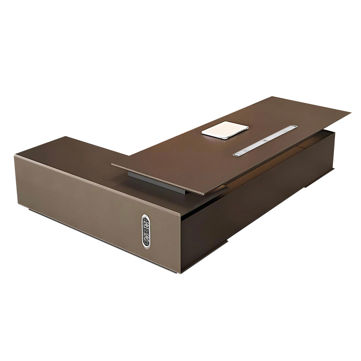 L-Shaped Executive Desk, right side cabinet configuration, Italian-Style Luxurious Dark Brown L-Shaped Executive Desk With Spacious Desktop Design...