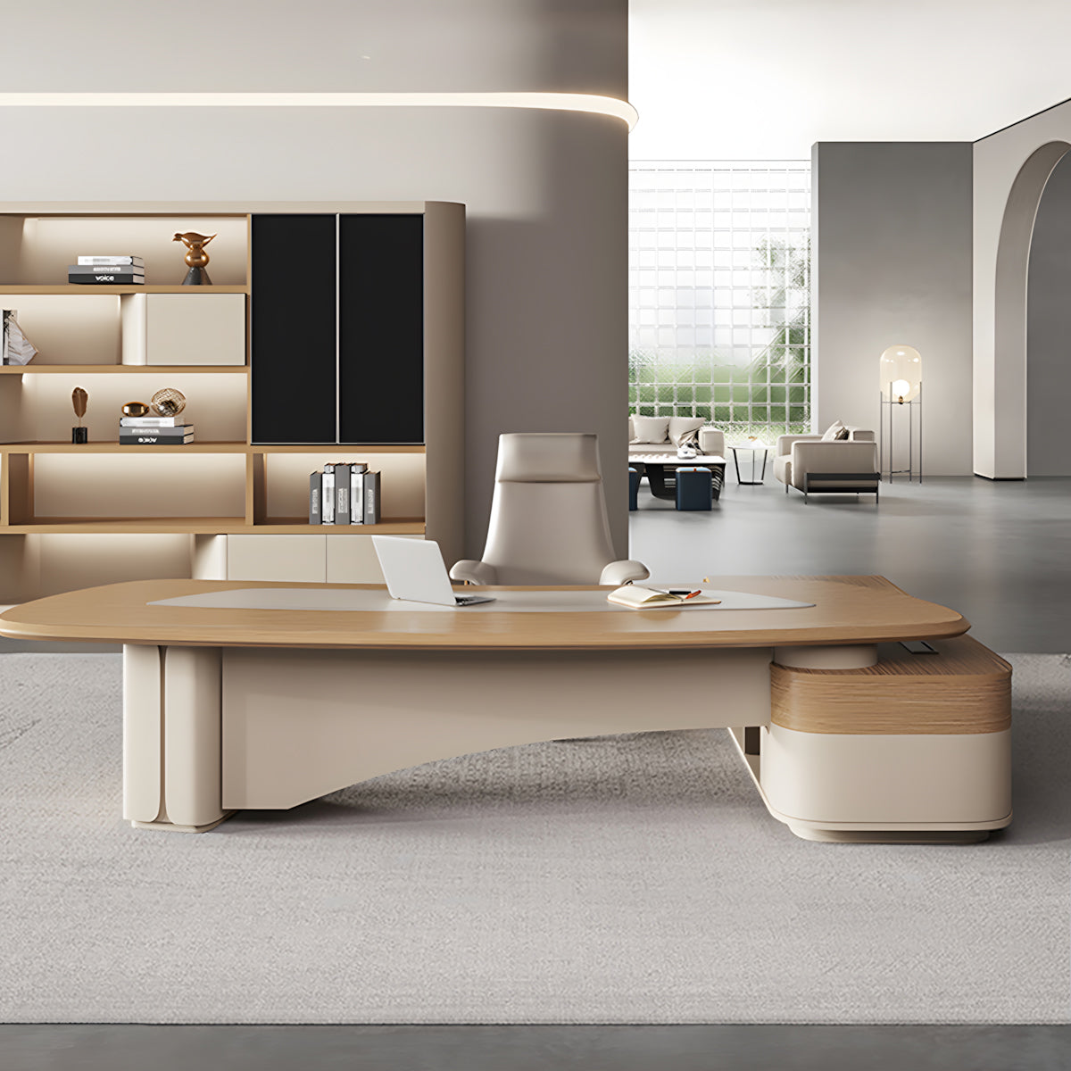 Modern Minimalist L-Shaped Executive Desk 71–126 in Wide with Cable Management, Built-In Power Outlets, Lockable Drawers & Solid Wood