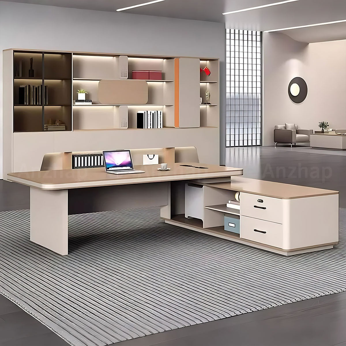Contemporary Khaki L-Shaped Executive Desk with Elegant LED Accent Lighting