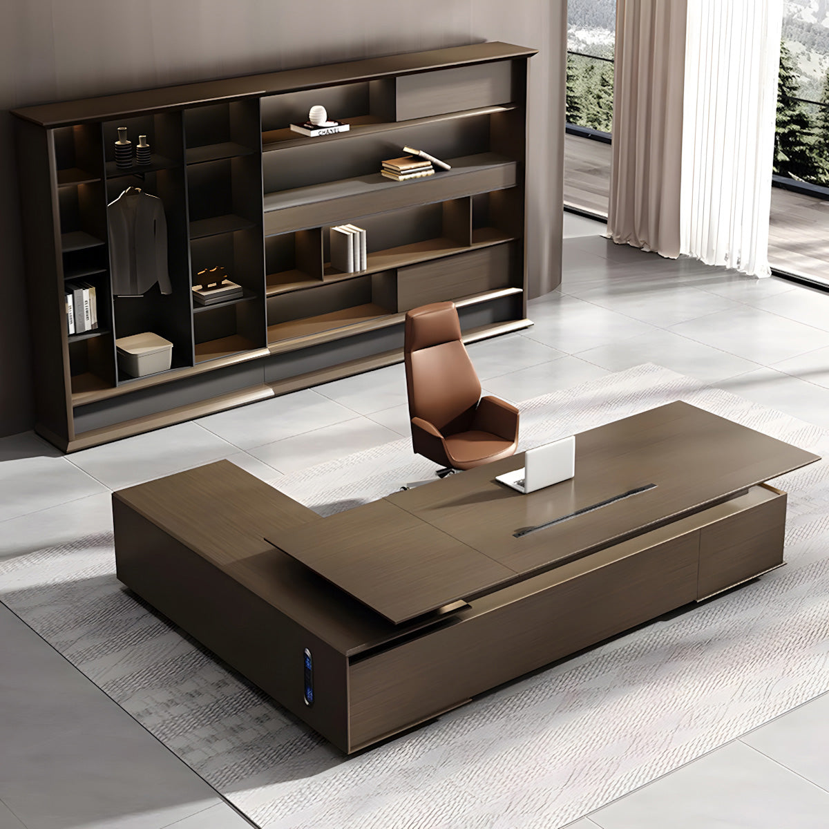 Italian-Style Luxurious Dark Brown L-Shaped Executive Desk with Spacious Desktop Design