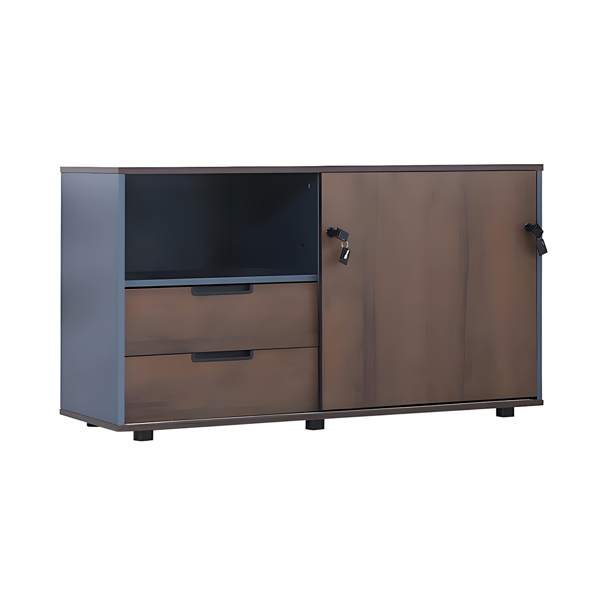 Classic Stylish Walnut and Iron Gray Storage Cabinet with Built-in Handle Drawers and Sliding Doors
