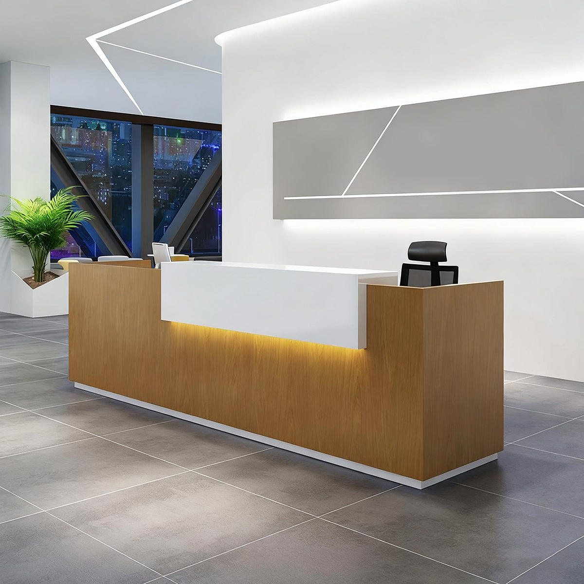 Luxury Modern Reception Desk Wood Veneer Lacquer LED Lighting Storage