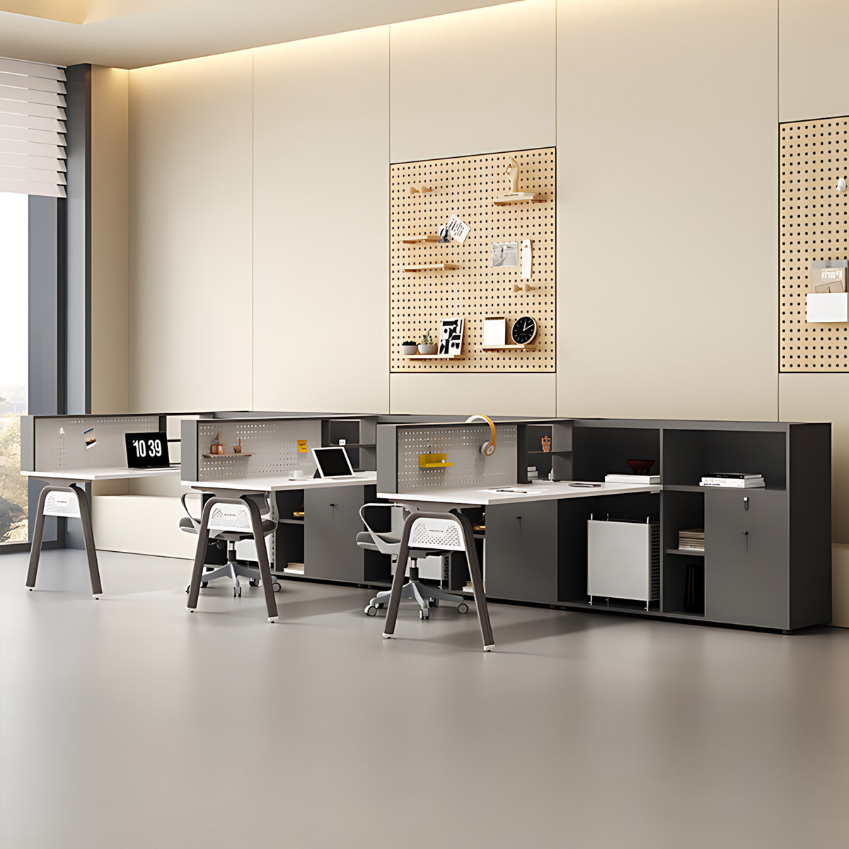 Sleek Office Desk with Integrated Power, Storage & Pegboard