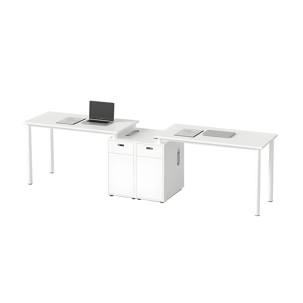 Modern White Office Desk with Gray Privacy Panel Lockable Storage