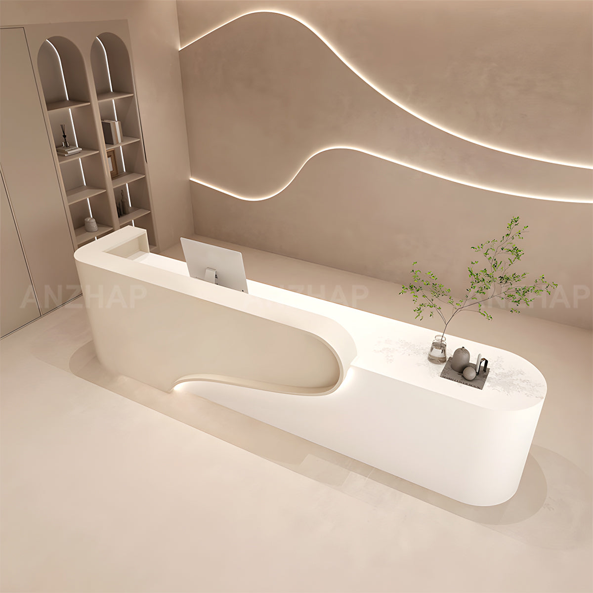 Modern Reception Desk with Rounded Corners, LED Lighting & Storage