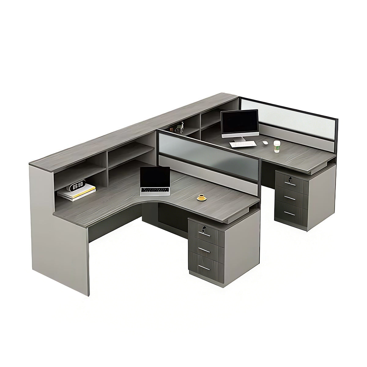 Minimalist Desk with Screen Dividers and High Cabinets