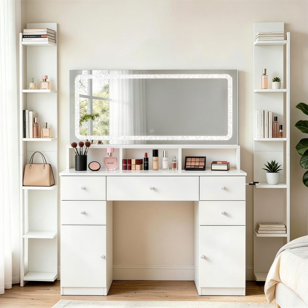 Modern LED Vanity Desk with Lighted Mirror & Storage Drawers（Stock Items）