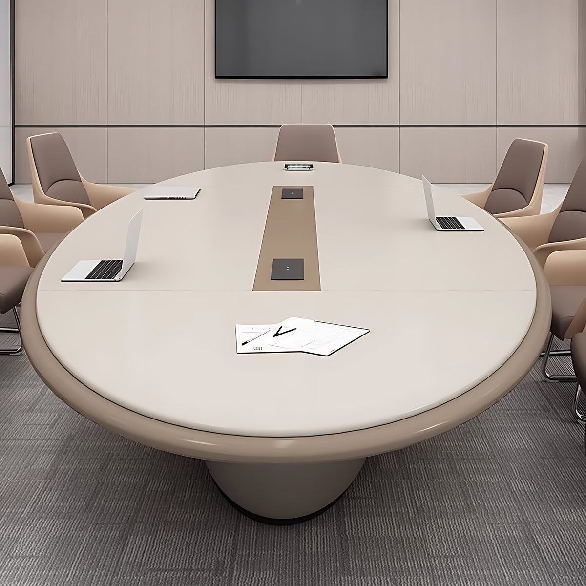 Modern Beige Oval Conference Table with a Solid Base