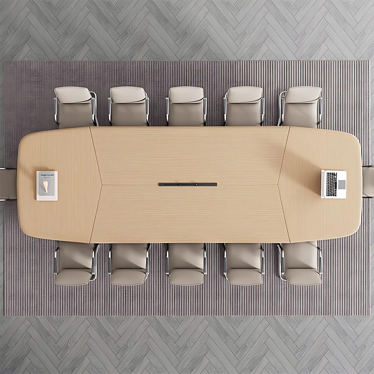 Minimalist Spacious Beige Conference Table with Hollow LED Light Strip and Sturdy Legs