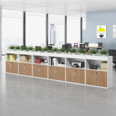 Scandinavian-Style Office Storage Cabinet with Open Cubbies and Wood-Tone Doors