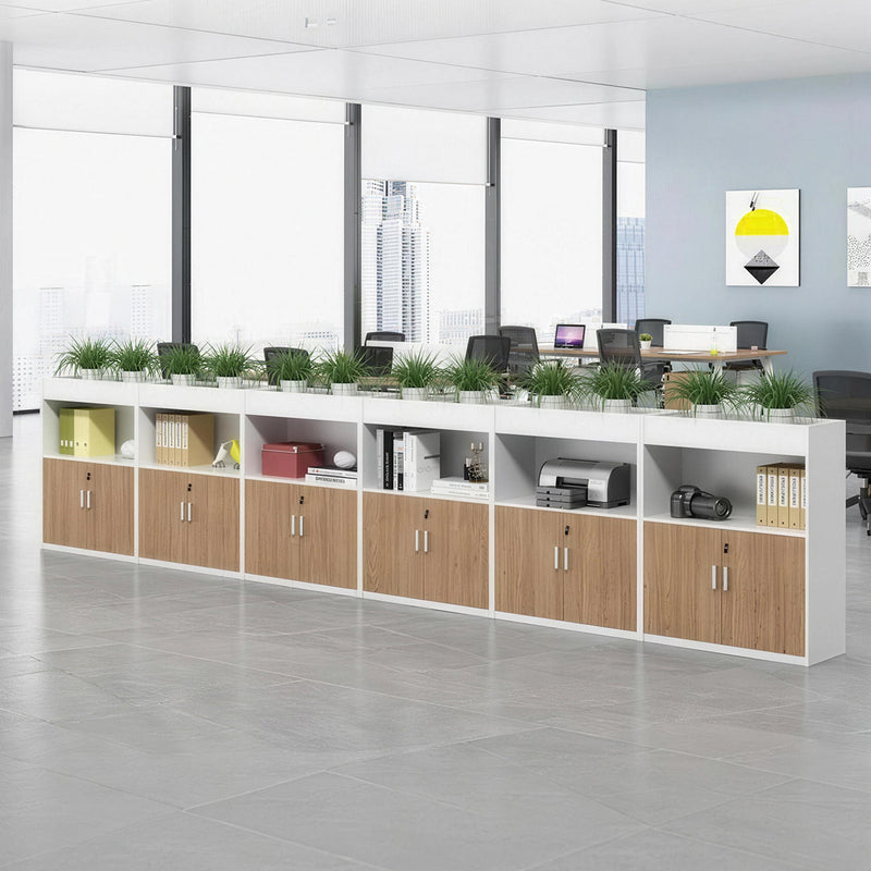 Scandinavian-Style Office Storage Cabinet with Open Cubbies and Wood-Tone Doors