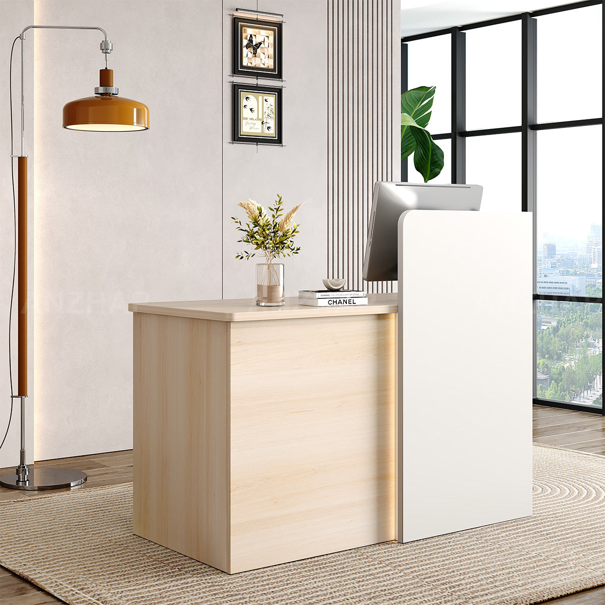 Elegant Reception Desk with Cable Management and Secure Storage for Offices