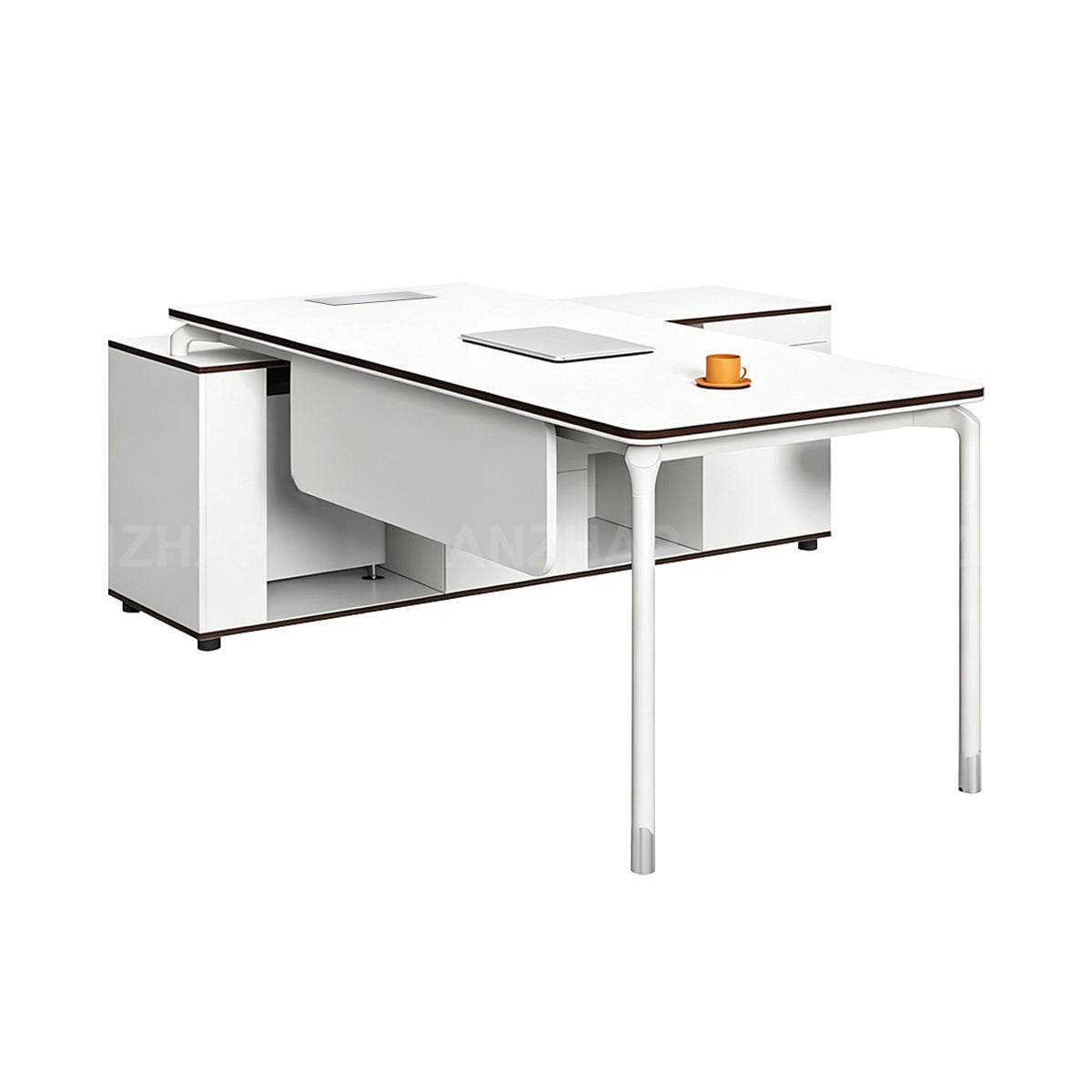 Modern Executive Desk with Built-In Power, Storage Cabinet, and Modesty Panel