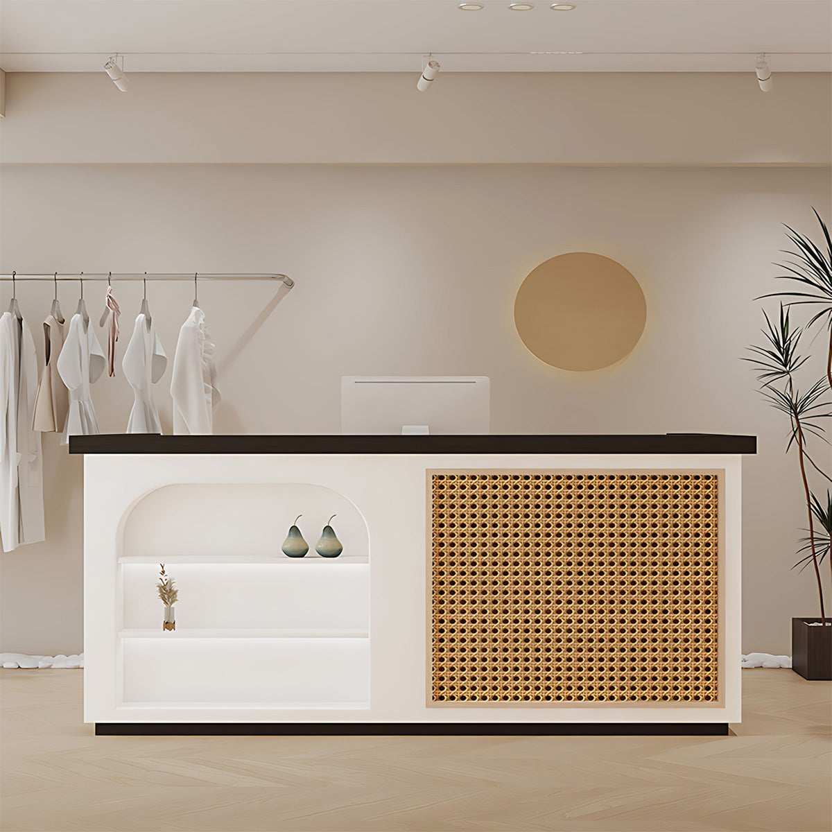 Modern Reception Desk-2, office room scene, Natural Style Minimalist Rattan Reception Table finish, for reception area or front office, commercial...