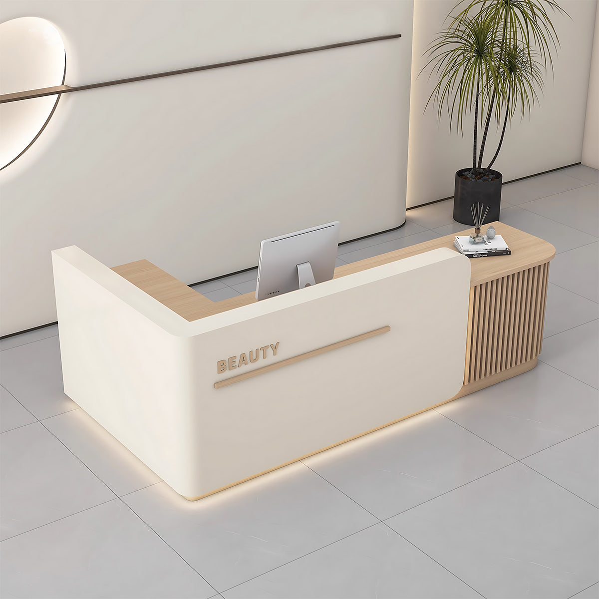 Sleek Reception Desk with Ample Storage & Functional Layout
