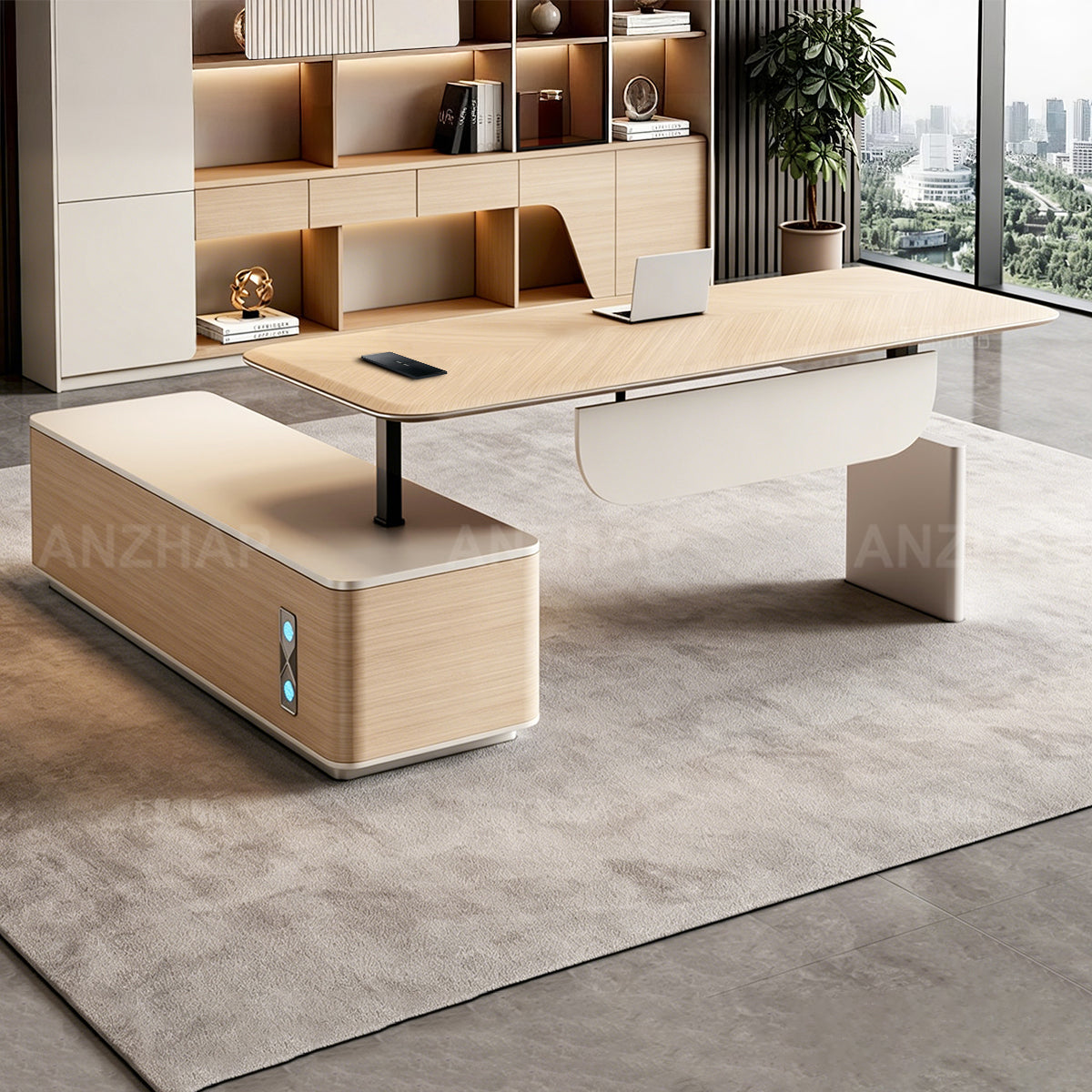 Height-Adjustable Executive Desk with Built-In Power and Side Storage Cabinet