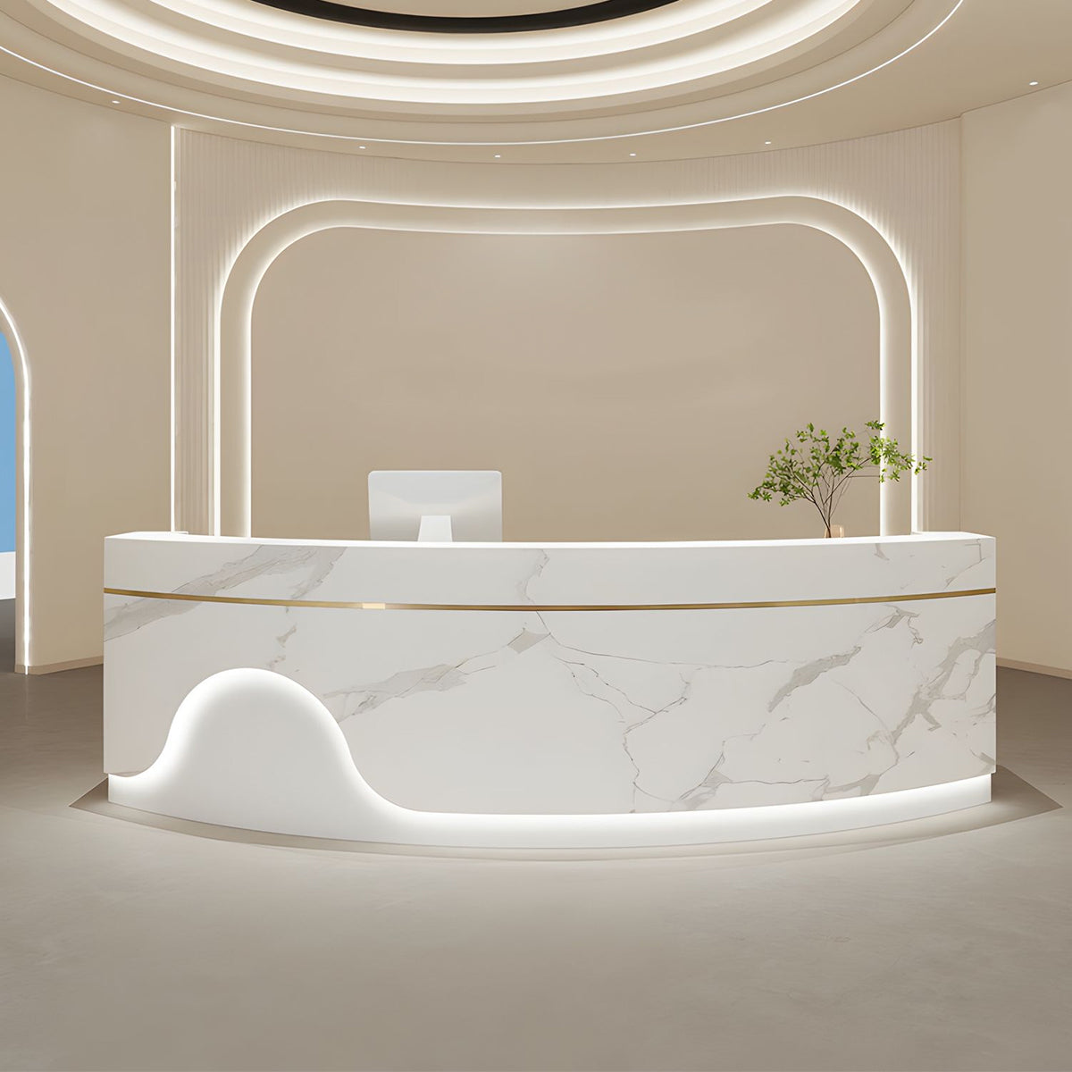 Minimalist and Elegant Curved Reception Desk with Beautiful Light Strip Design and Metal Trim