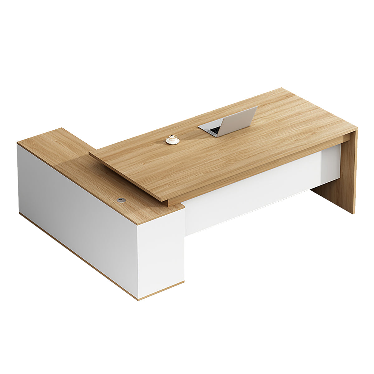L-Shaped Executive Desk, right side cabinet configuration, Maple + White finish, L47" x W47" x H30", for office workspace, executive office furniture