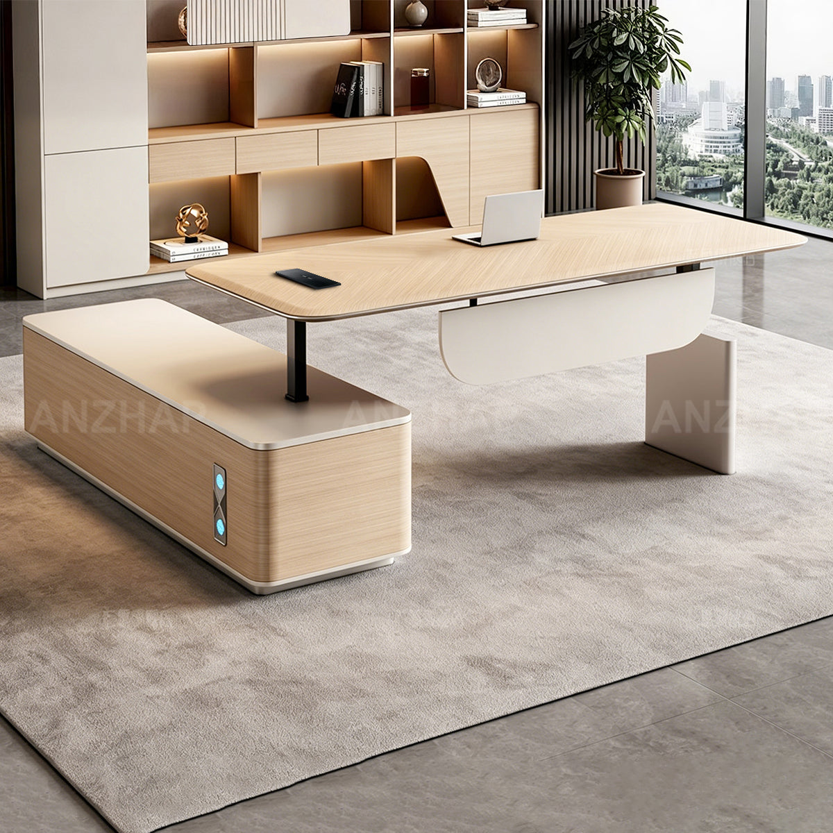 Anzhap height-adjustable executive desk with side storage, side storage view