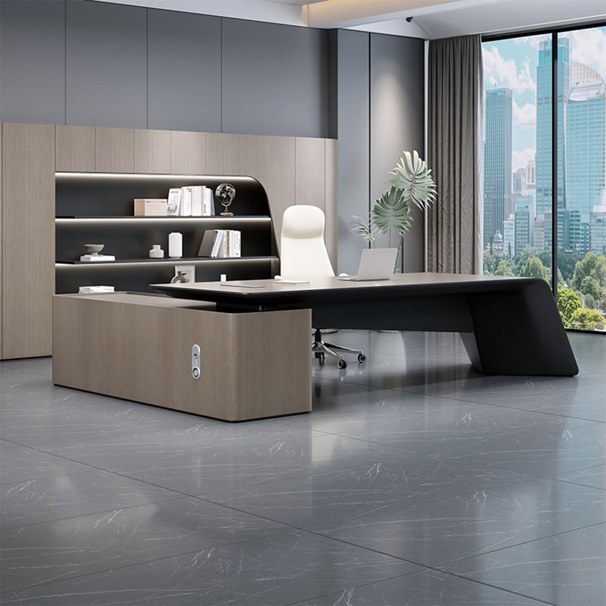 Executive Desk with Natural Wood Veneer & Storage Cabinet