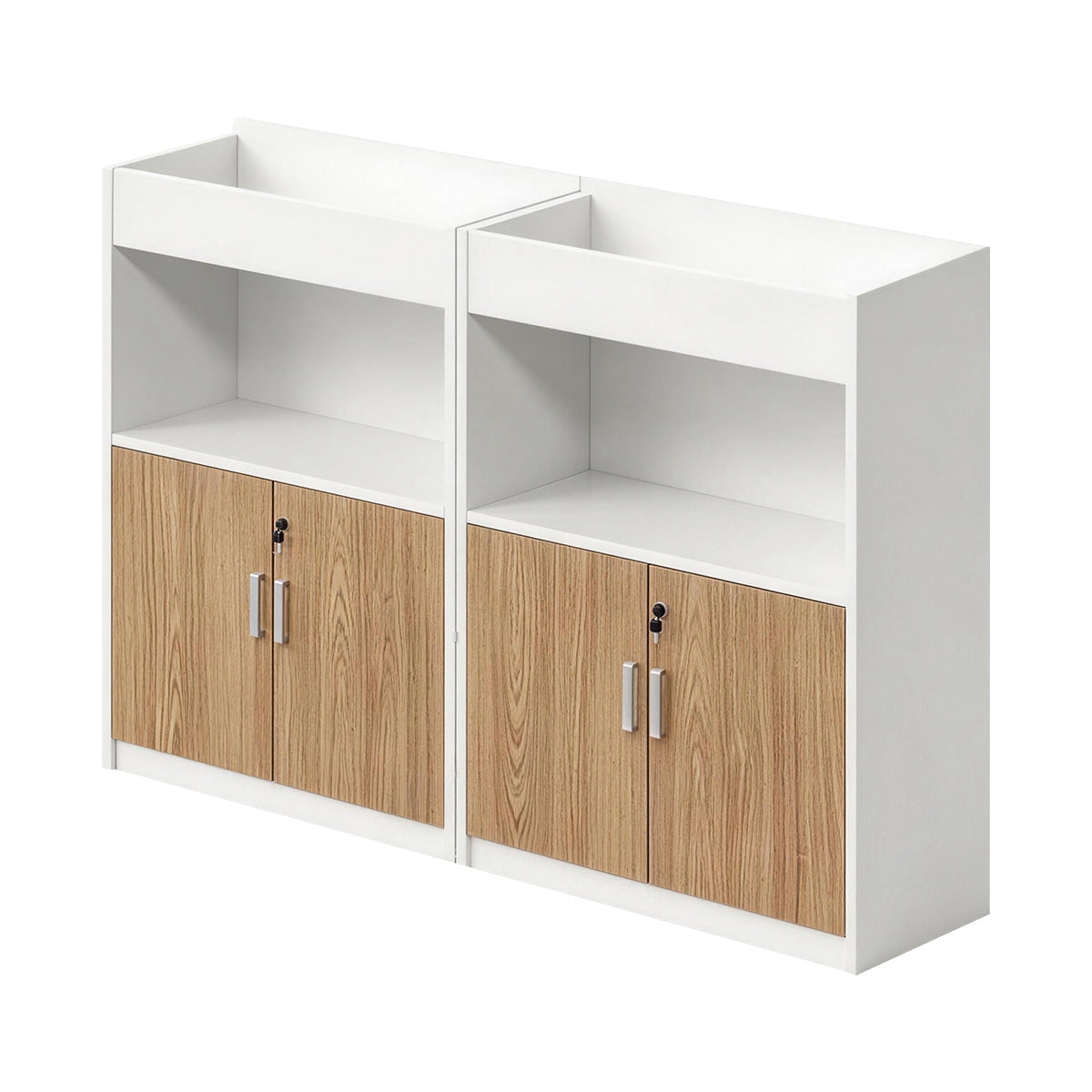 Scandinavian-Style Office Storage Cabinet with Open Cubbies and Wood-Tone Doors