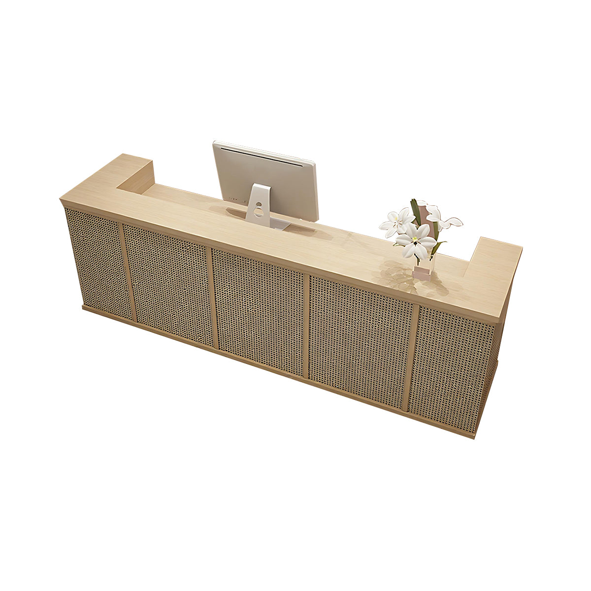 Solid Wood Reception Desk Rattan Front Lockable Storage Keyboard Tray