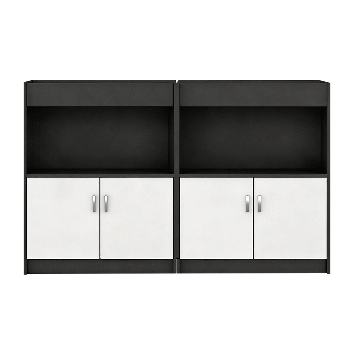 Scandinavian-Style Office Storage Cabinet with Open Cubbies and Wood-Tone Doors