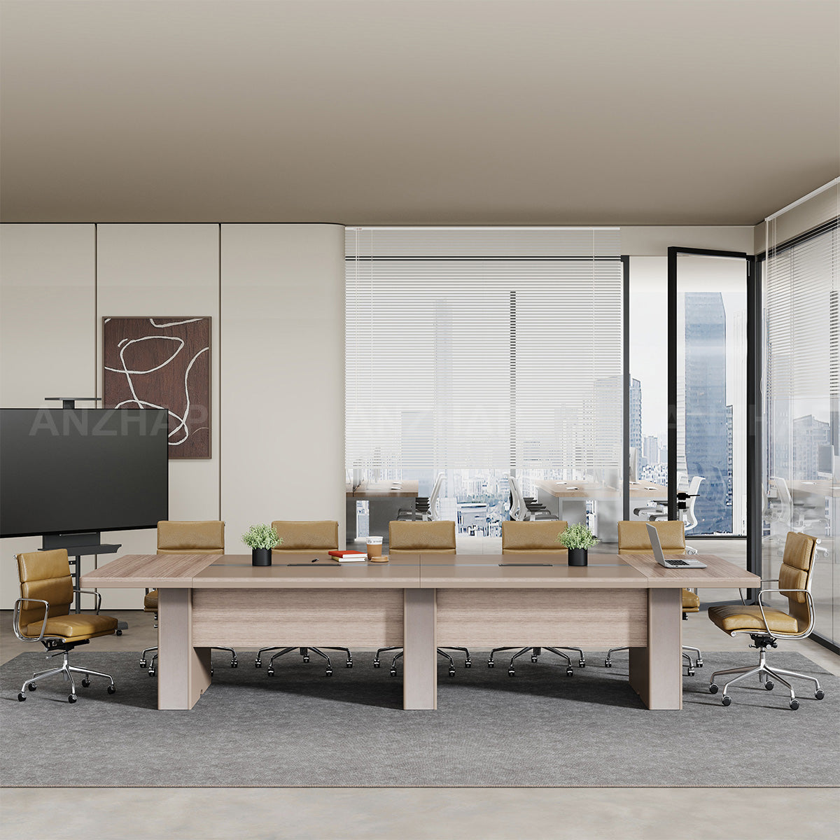 Modern Rectangular Conference Table with Wooden Base