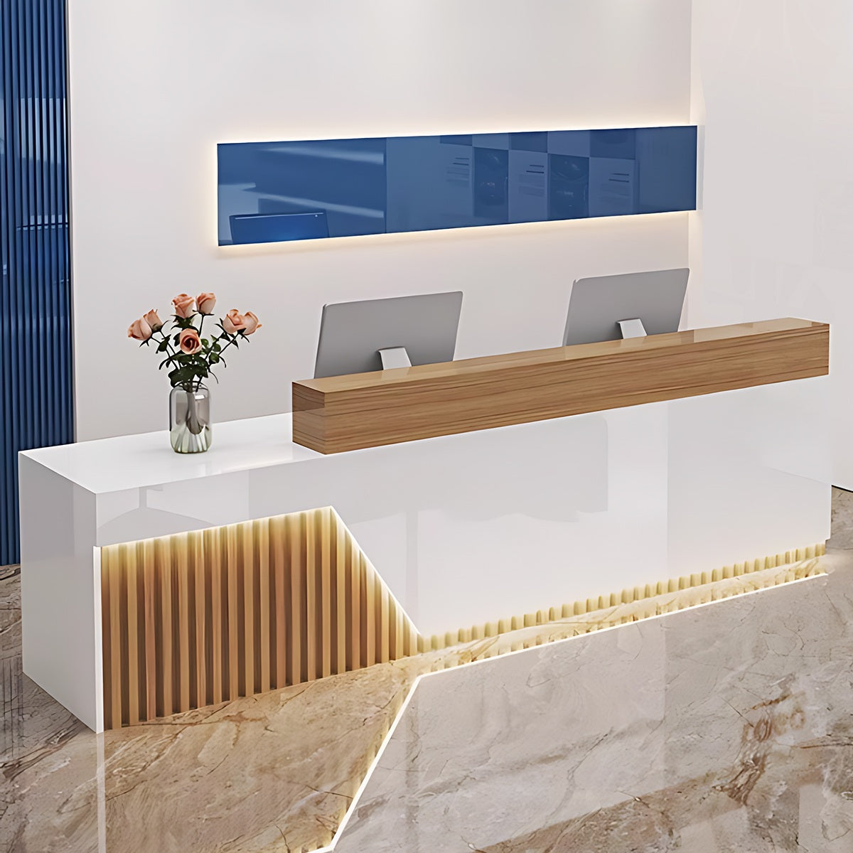 Modern Minimalist Reception Desk 71–126 in Wide with LED Accent Lighting, Lockable Drawers, Privacy Panel & Wood Slat Design（Stock Items）