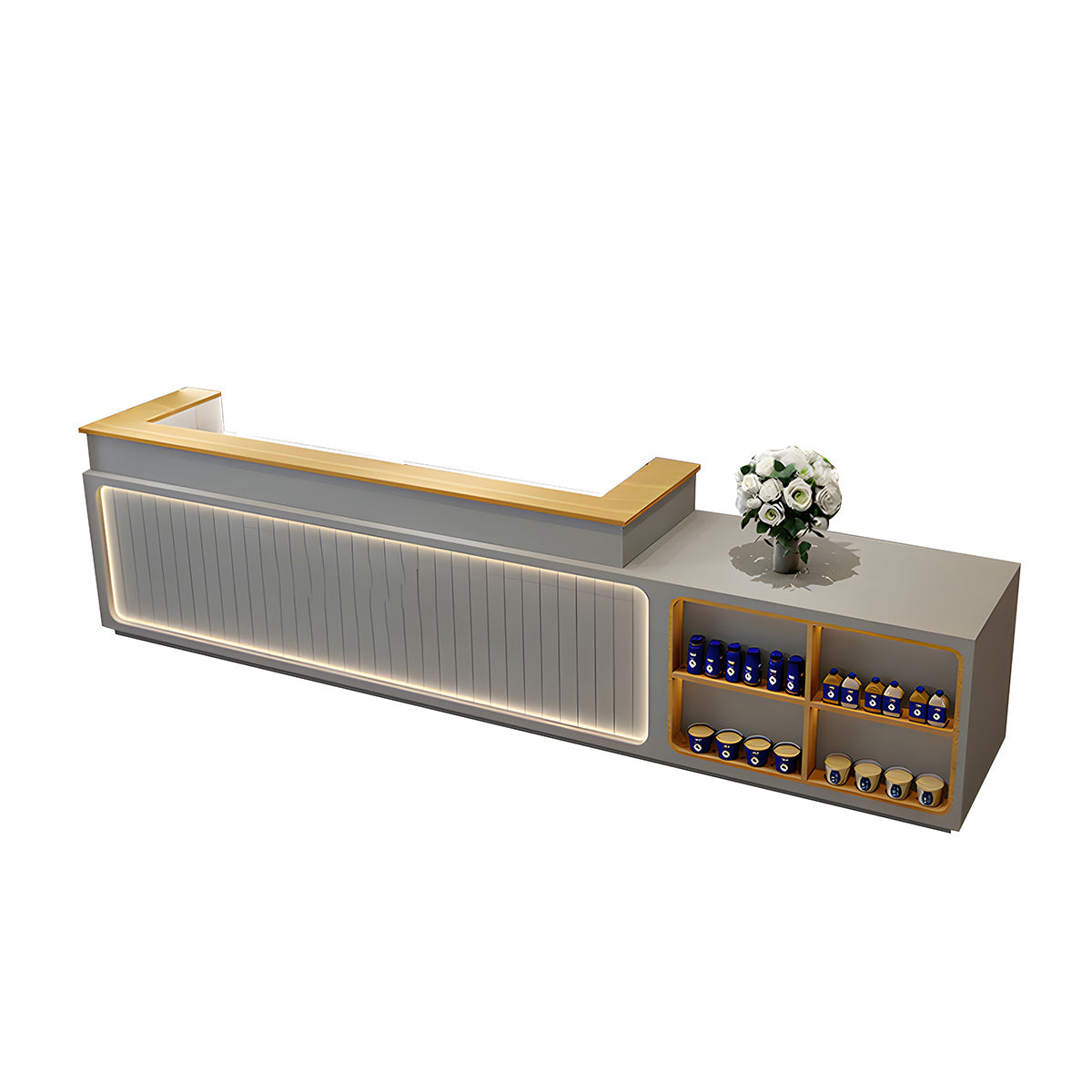 Modern Reception Desk with Display Shelves & LED Accent Lighting