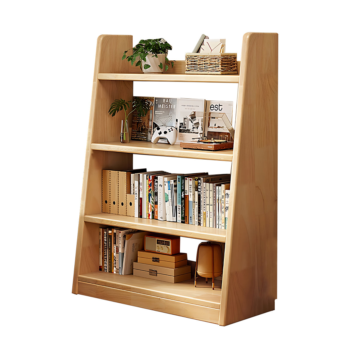 Minimalist Pine Wood Bookshelf Modern Storage Stable Design Trapezoidal