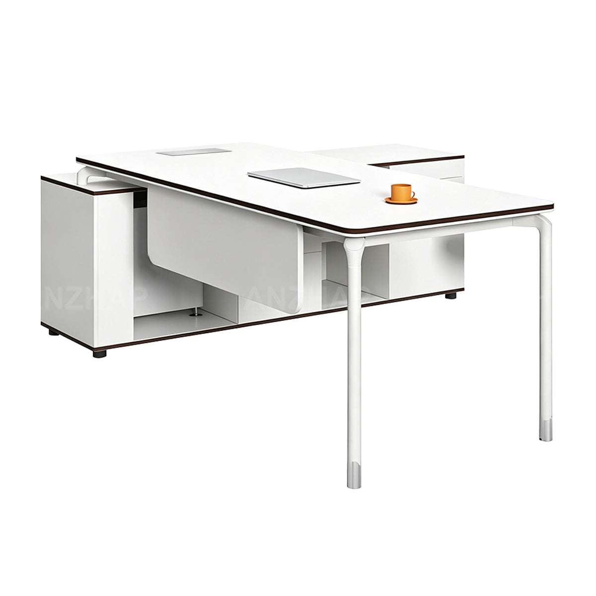 Modern Executive Desk with Built-In Power, Storage Cabinet, and Modesty Panel