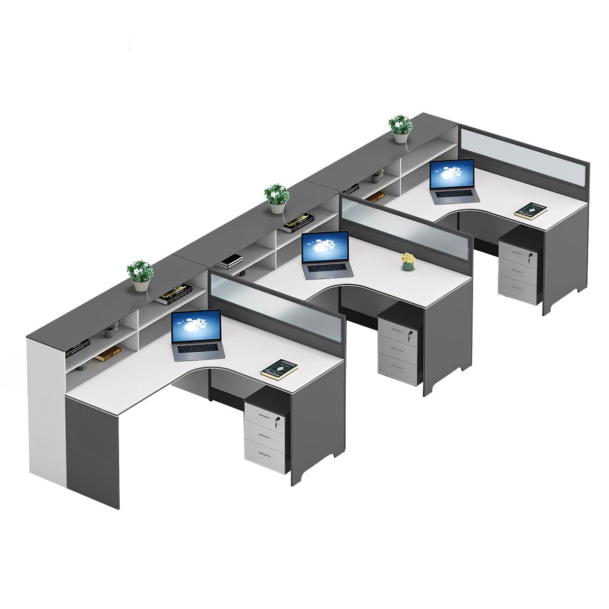 Modern L-Shaped Office Desk with Integrated Shelving & Partition Panels