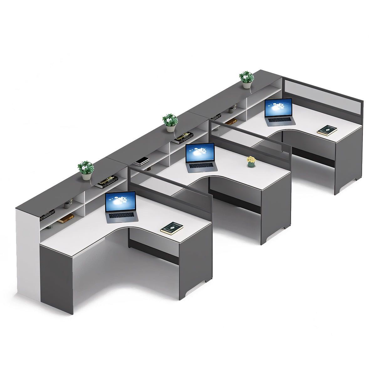 Modern L-Shaped Office Desk with Integrated Shelving & Partition Panels