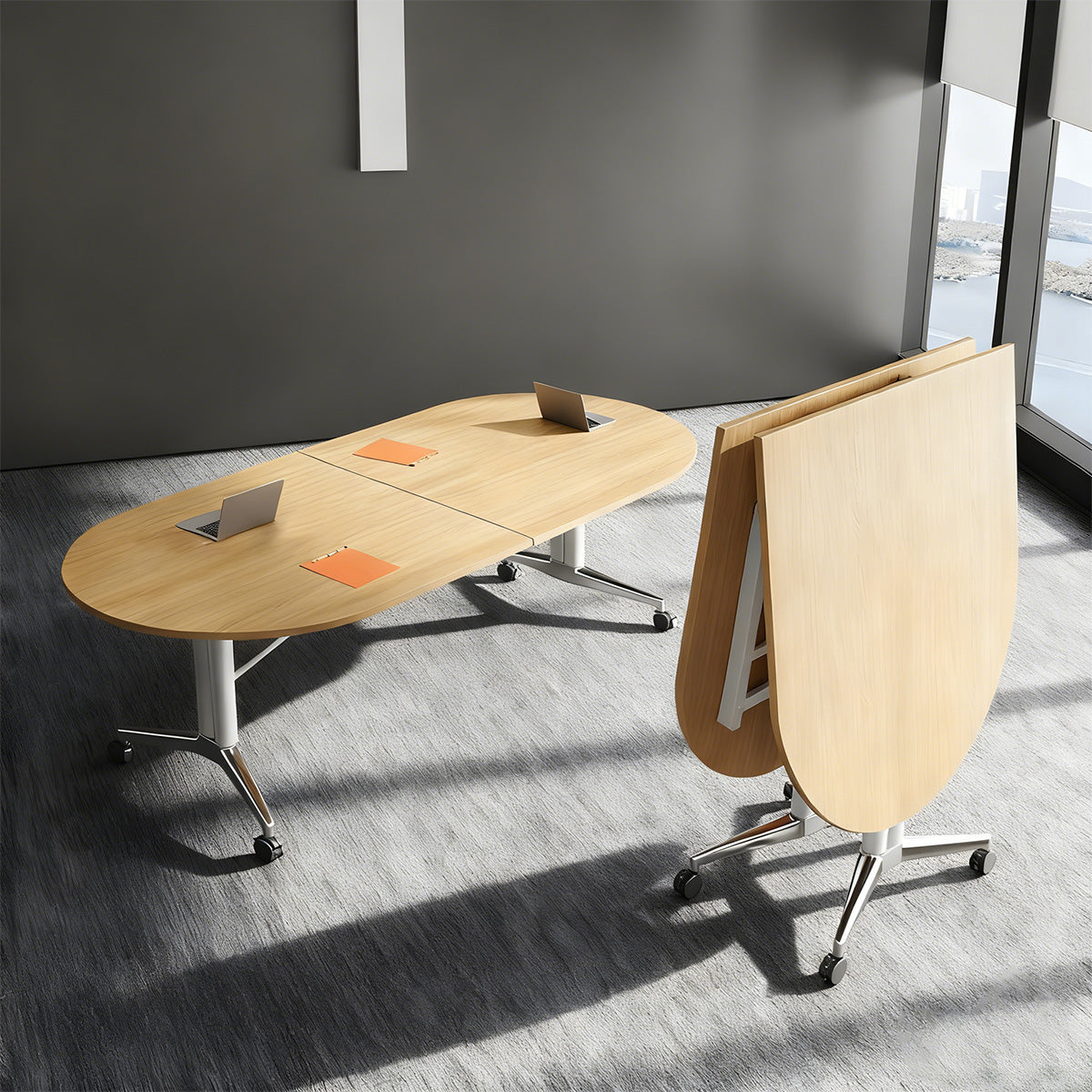 Folding Conference Table with Oval Top and Aluminum Legs for Offices