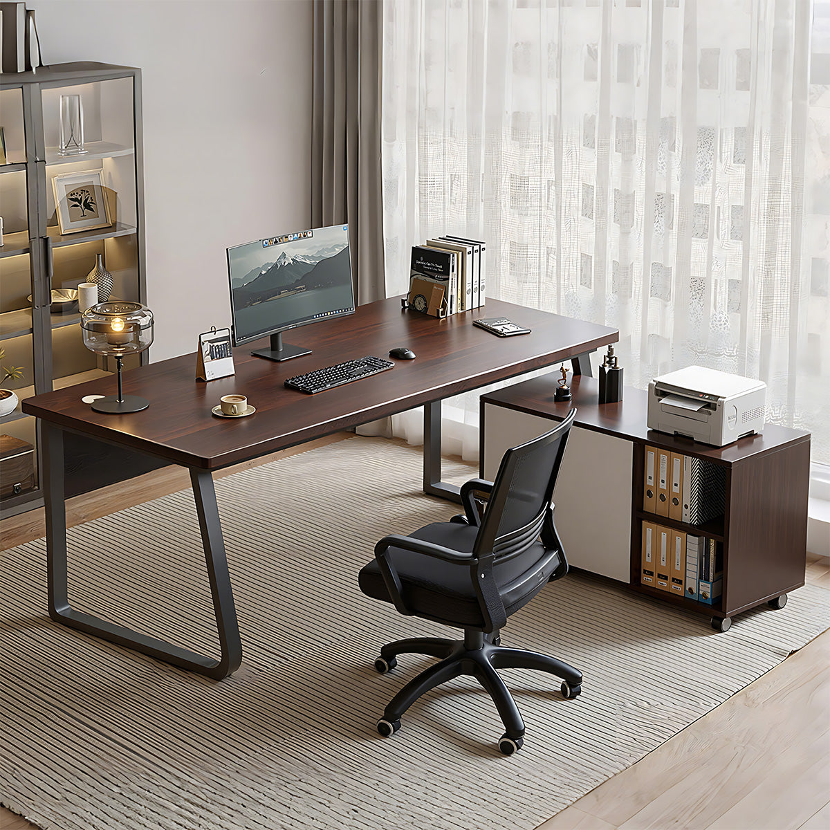 Sturdy Office Desk with Mobile Side Cabinet and Steel Legs for Workspace