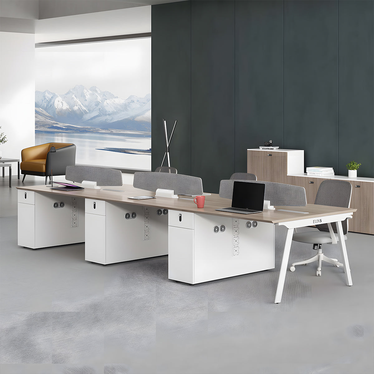 Multi-Person Office Desk with Built-In Outlets for Office Workstation