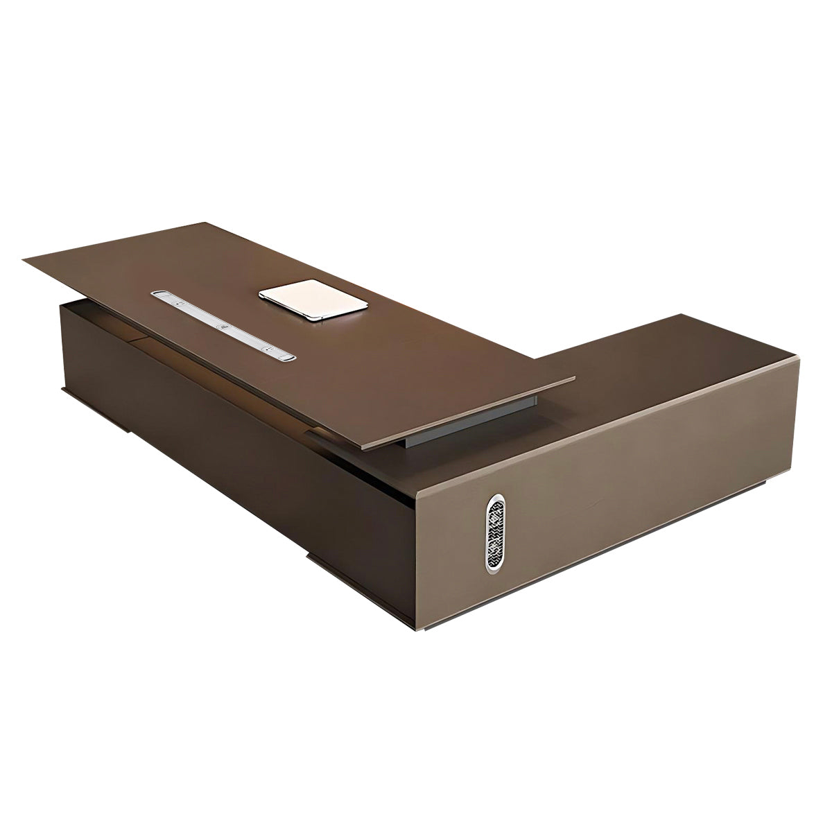 L-Shaped Executive Desk, left side cabinet configuration, Italian-Style Luxurious Dark Brown L-Shaped Executive Desk With Spacious Desktop Design...