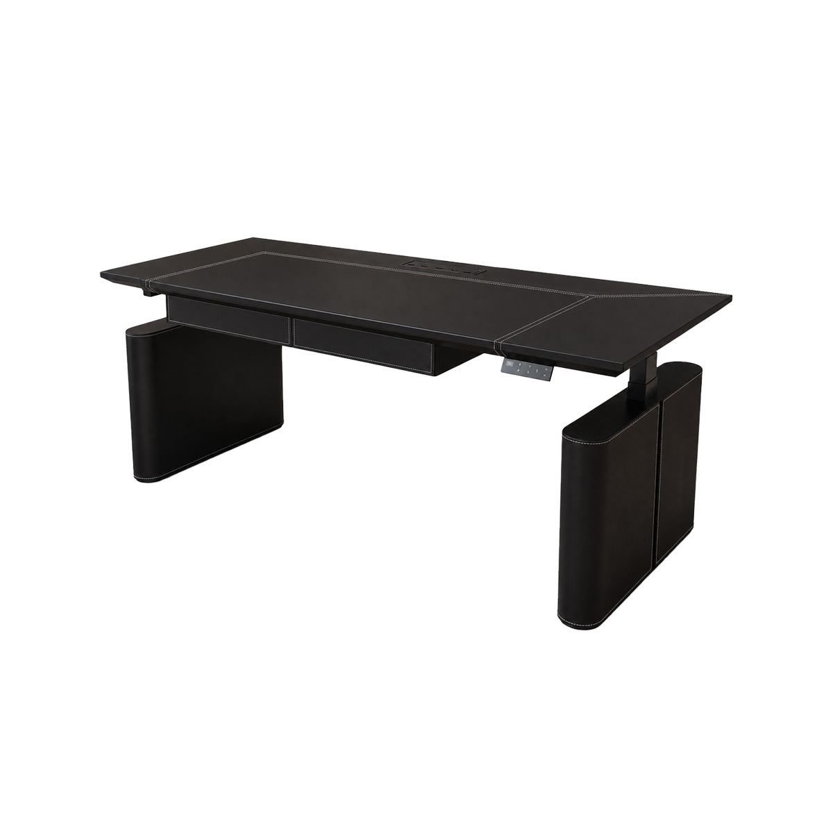 Electric Height-Adjustable Executive Desk with Power Hub and Saddle Leather Top