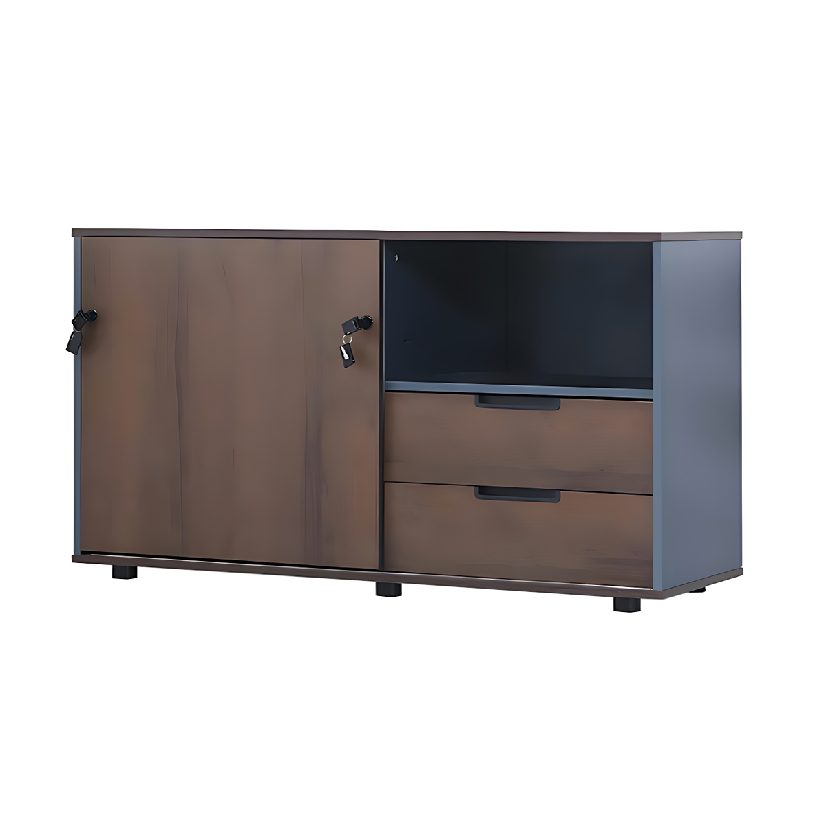 Classic Stylish Walnut and Iron Gray Storage Cabinet with Built-in Handle Drawers and Sliding Doors