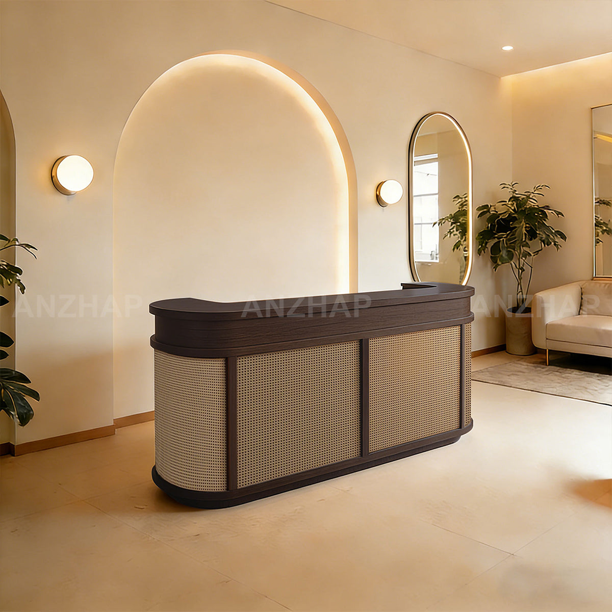 Vintage Curved Reception Desk 47–118 in Wide with File Drawers, Privacy Panel, Transaction Counter & Woven Rattan Detail（Stock Items）