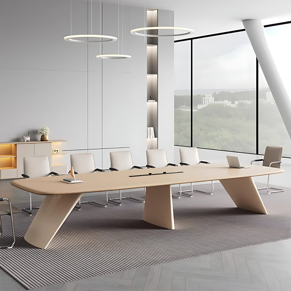 Minimalist Spacious Beige Conference Table with Hollow LED Light Strip and Sturdy Legs