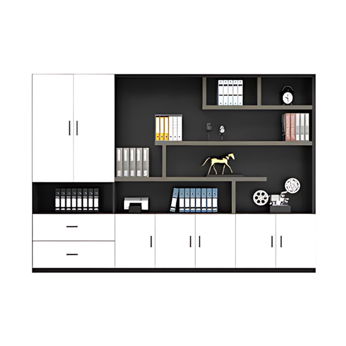 Modern Office Storage Cabinet with Wardrobe, Drawers & Display Shelves