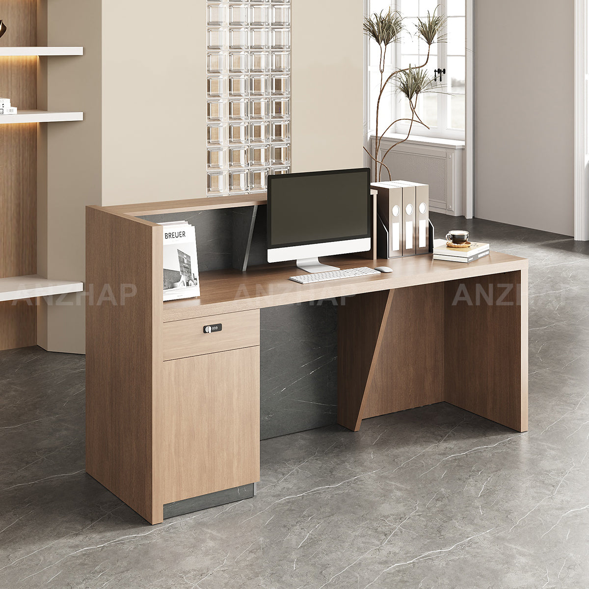 Stylish Reception Desk with Dual-Tier Surface and Secure Storage for Office, Salons and Retail Stores